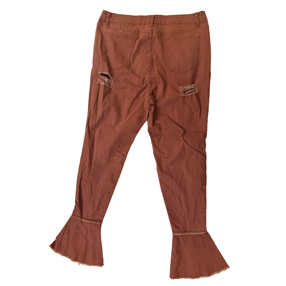 Shein Jeans Womens 2XL Brown Distressed Flare Hem Stretch Ripped Denim Pants - Picture 6 of 6